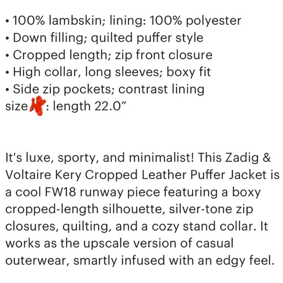 🎉HP🎉Zadig & Voltaire Kery Cropped Leather Puffer Jacket - Picture 9 of 9
